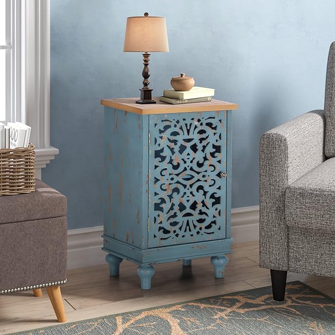 PHI VILLA Small Accent Storage Cabinet with Single Door - Decorative Nightstand for Living Room Bedroom, End Side Table Cabinet Blue