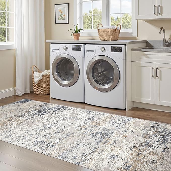 Washable Runner Rug for Hallway: 3x12 Neutral Modern Abstract Low Pile Area Rug with Non-Slip Backing - Carpet for Bedroom Kitchen Laundry Entryway Bathroom Indoor -Beige Blue