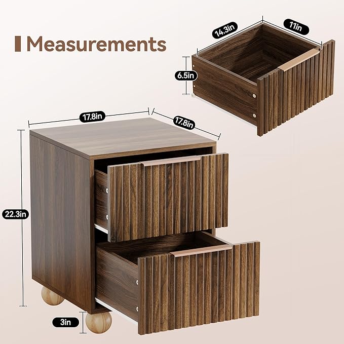 Fluted Nightstand, Walnut Finish Bedside Table with Spacious Storage Drawers, Night Stand with Solid Wood Round Legs for Bedroom, End Table, Side Table