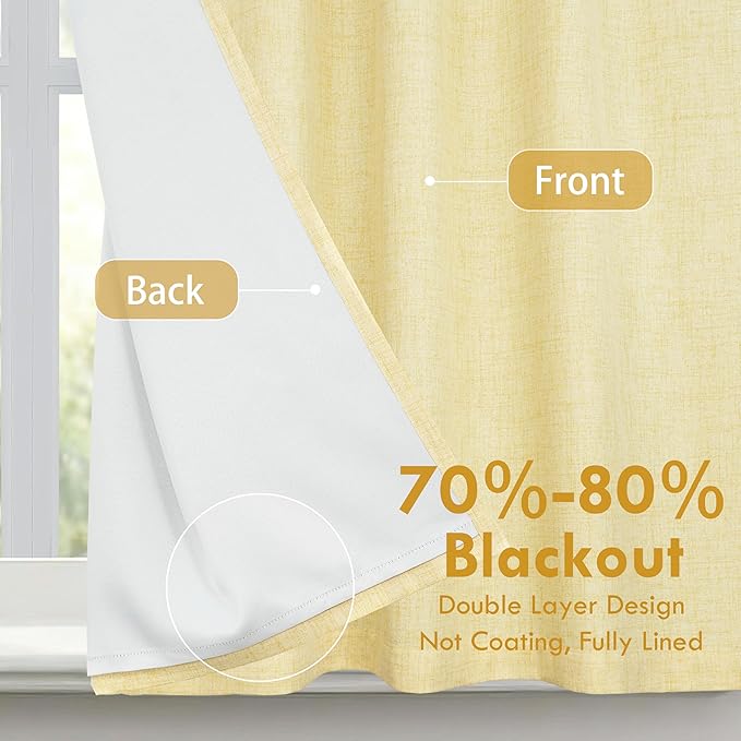 DriftAway Double Layer Linen Blackout Tie Up Curtains Thermal Insulated Fully Lined Balloon Roman Shade Bathroom Window Adjustable Rod Pocket for Small Window 45 Inch by 63 Inch Yellow