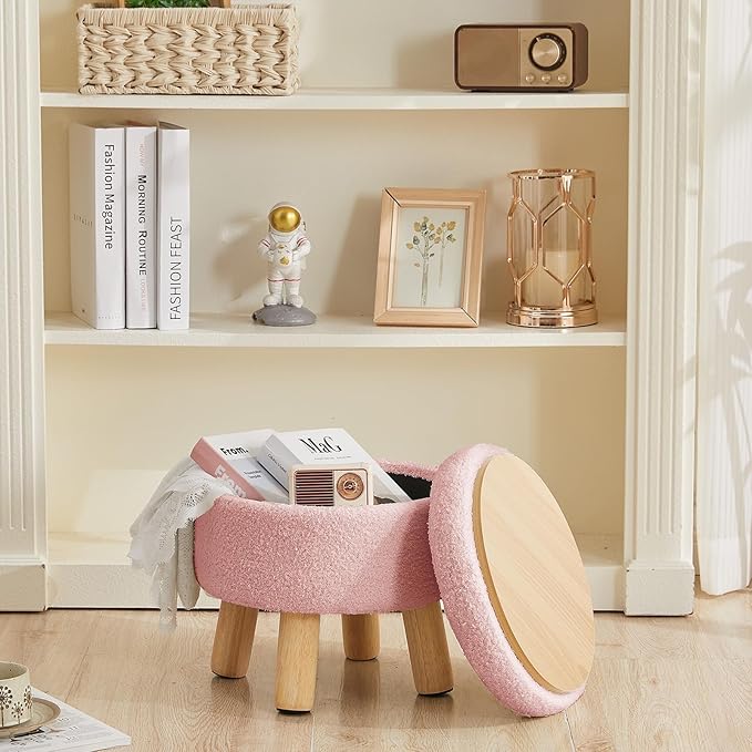 FIMIVIBI Small Foot Stool Ottoman with Storage, Sherpa Ottoman Foot Rest for Couch, Round Footstool with Storage, Small Ottomans and Footstools for Living Room and Entryway (Pink)