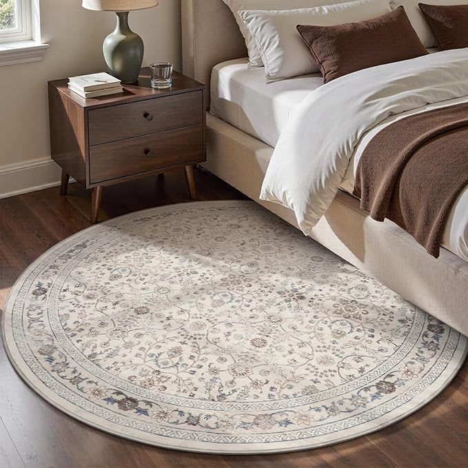 MontVoo-Vintage Area Rug 6X6 Beige Rugs for Living Room-Soft Distressed Printed Rugs for Bedroom-Non Slip Carpet-Machine Washable Rug for Dining Room Living Room Bedside Office