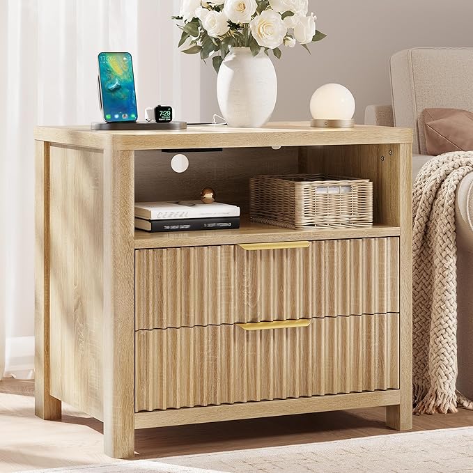 CypBed Night Stand with Charging Station, Bedside Tables with 2 Drawers & Storage Shelf, Wood Fluted Nightstand with Rounded Corner Design, Modern End Table for Bedroom, Easy Assembly