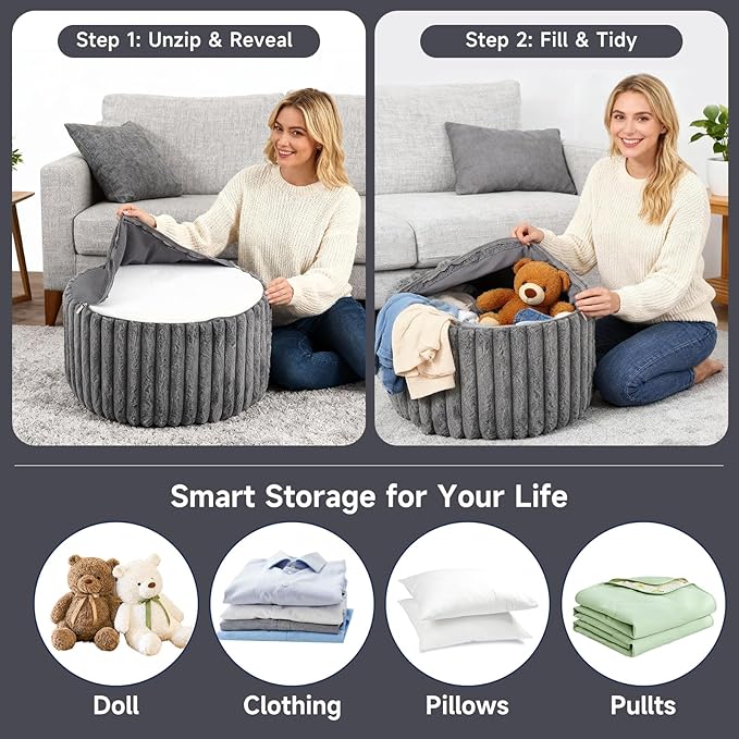 Tiita Round Stuffed Pouf Ottoman, Stripe Faux Fur Poufs with Foam Chunk Filling, Furry and Fluffy Pouf 21×21×12 inch Foot Stool Storage Ottoman,Puff Office Foot Rest for Couch Living Room, Grey