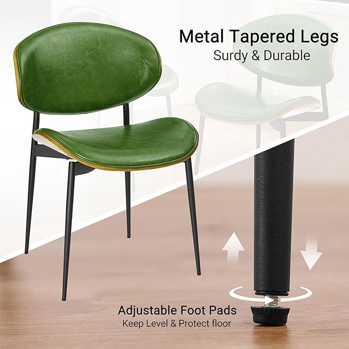 Art Leon Dining Chairs Set of 4, Walnut Bentwood, Mid Century Modern Chair, Green Faux Leather Kitchen Dining Room Chairs with Black Metal Legs, Accent Chairs for Bedroom