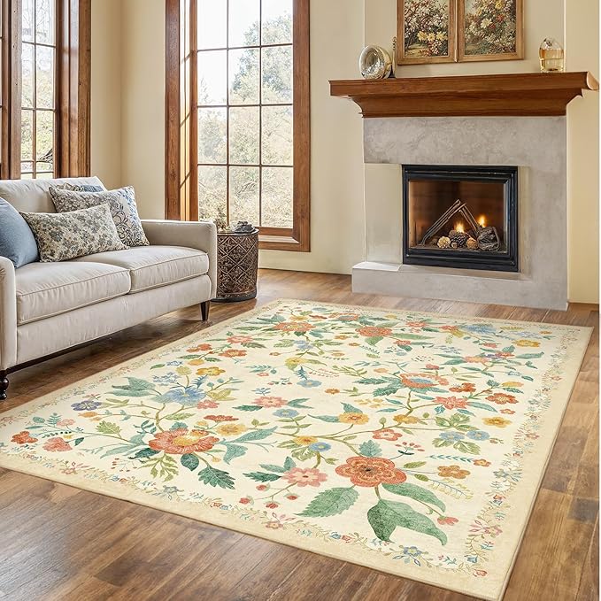 Amada 5x7 Area Rugs, Non-Slip & Low-Profile Living Room Rug with Reinforced Edge Binding, Soft Large Washable Boho Floral Rugs for Living Room, Bedroom, Dining Room