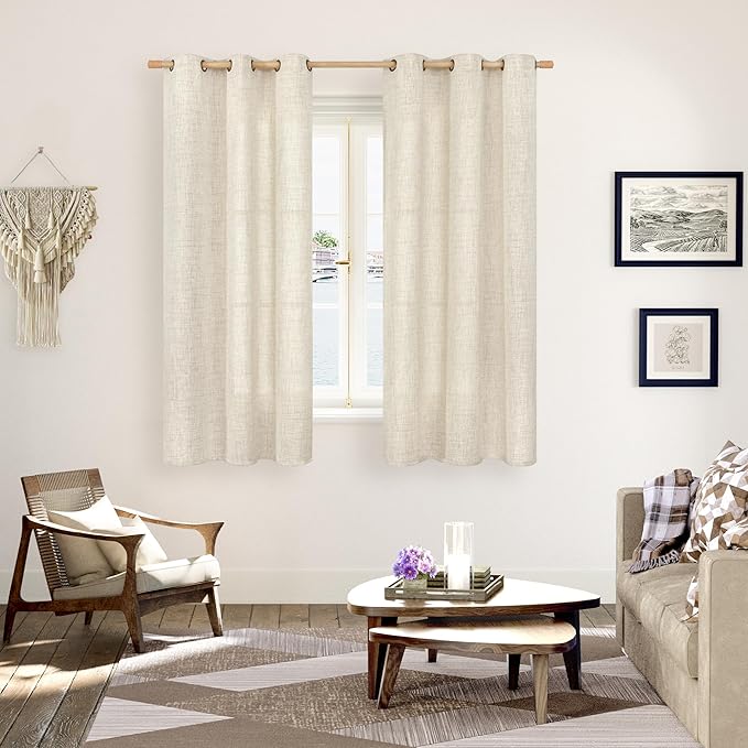 YoungsTex Linen Curtains 63 Inch Length for Living Room, Boho Cream Semi Sheer Window Drapes Textured Light Filtering for Bedroom Rustic, 38 x 63 Inch, 2 Panels