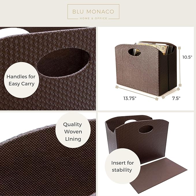 BLU MONACO | Brown Woven Leather Magazine Holder | Storage Basket with Handles for Office Living Room or Bathroom | Vertical Magazine File Organizer