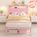Twin Bed Frames with Charging Station, 2 Tiers Storage Headboard Twin Sized Bed No Box Spring Needed Heavy Duty Metal Platform for Girls, Pink