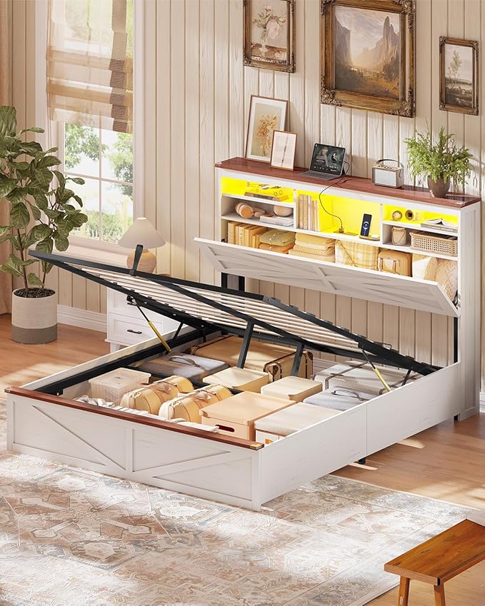 AOGLLATI Farmhouse Bed Frame Queen Size with Lift Up Storage & Hidden Bookcase Storage Headbord, Wood Queen Bed Frame with Charging Station, Led Lights, No Box Spring Needed, Antique White