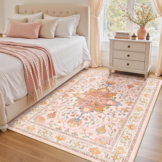 Area Rugs 4'x6' Washable Non-Slip, Floral Vintage Distress Print Pattern Medallion Carpet for Living Room Bedroom Dining Room, Light Pink Colorful