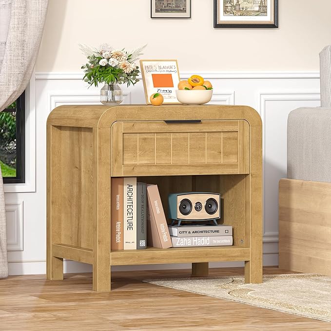 IKENO Wood Nightstand Set of 2 with Storage Drawer, 21" Wide NightStand with Curved Profile Design, Bedside End Table for Bedroom, Living Room, Closet (2, Natural Oak, 1 Drawer)