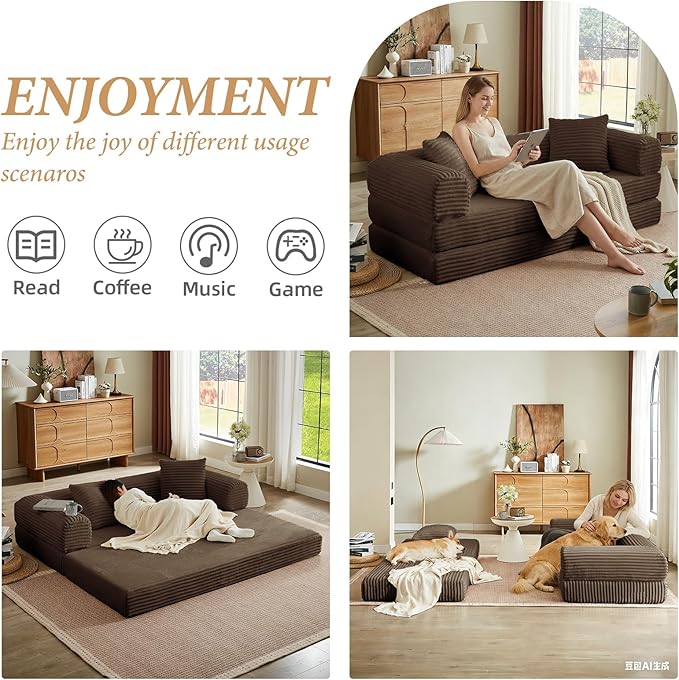4-in-1 Convertible Folding Sleeper Sofa Bed, Fold Out Floor Sofa Couch with Fixed-Shape Frame, Cloud Corduroy Foldable Mattress Couch for Living Room Bedroom (78" Corduroy, Dark Brown)