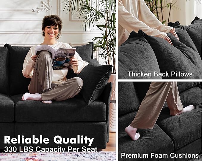 ABCASA 102.6" U Shaped Modular Sectional Sofa, 5 Seater Couch with Storage Ottoman Deep Seat and High Backrest with Removable Cover for Living Room, Apartment - Chenille Black