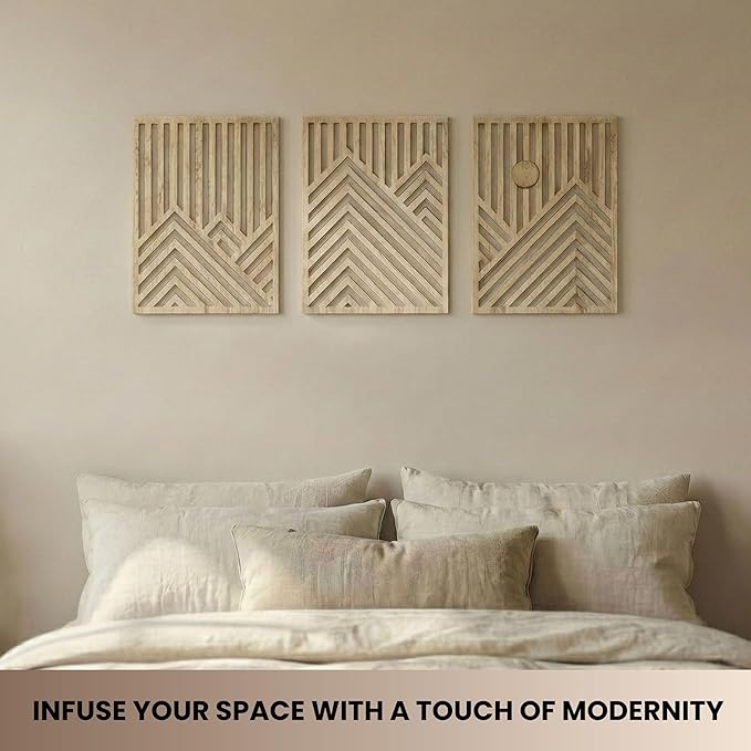 qmmp Modern Wooden Wall Sculptures - Set of 3 - Home Decor Accent - Large Wall Art for Living Room, Bedroom, Office - Easy Installation (Oak, Large - Mountain and Sun)