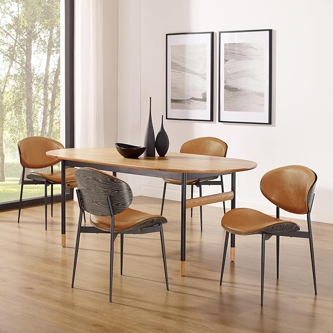 Art Leon Dining Chairs Set of 4, Grey Oak Bentwood, Mid Century Modern Chair, Orange Faux Leather Kitchen Dining Room Chairs with Black Metal Legs, Accent Chairs for Bedroom