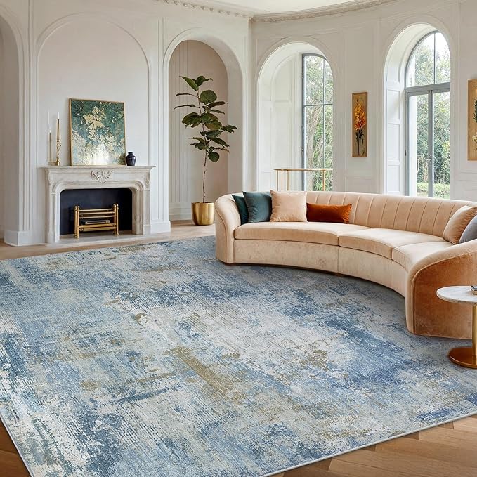 8x10 Area Rugs for Living Room, Modern Abstract Washable Rug with Non-Slip Backing & Low Pile, Large Washable Rug with Abstract Pattern for Bedroom, Dinning Room, Home Office, Light Blue