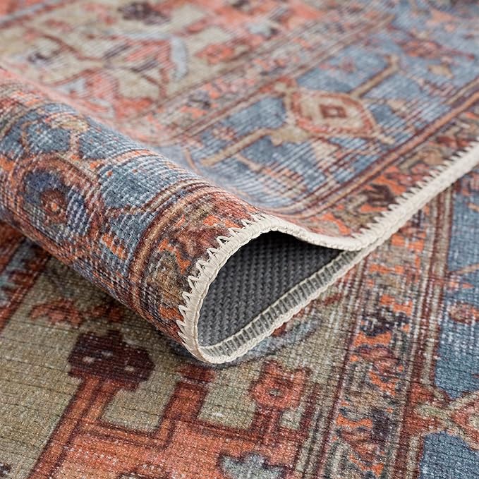 Bloom Rugs Washable Non-Slip 2' x 3' Rug - Terracotta/Blue Traditional Oriental Area Rug for Living Room, Bedroom, Dining Room, and Kitchen - Exact Size: 2' x 3'