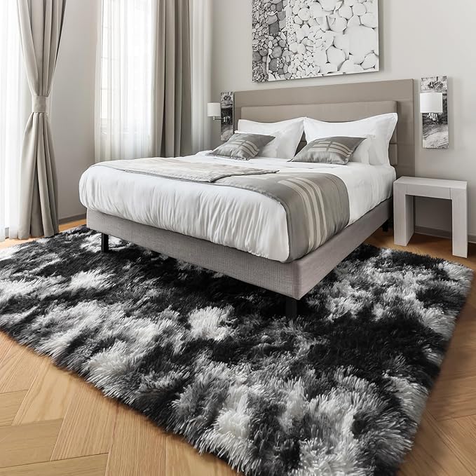 PAGISOFE Black White Rugs for Living Room 6x9, Shag Fuzzy Fluffy Washable Rugs for Bedroom Kids Room Playroom Dorm Shaggy Soft Carpet for Home Decor Aesthetic Plush Bedside Rug Modern Grey Rug