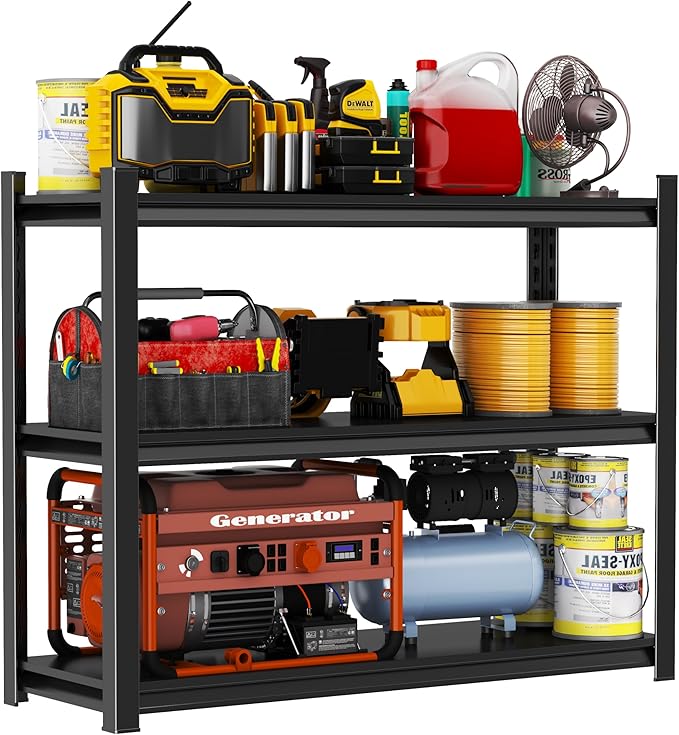Storage Shelves, Garage Metal Shelving Unit, Adjustable, Double-Layer Column with Reinforced Ribs, Heavy-Duty, Capable of Bearing 600-3600 lbs (Black, 25''W*14''D*32''H, Tier)