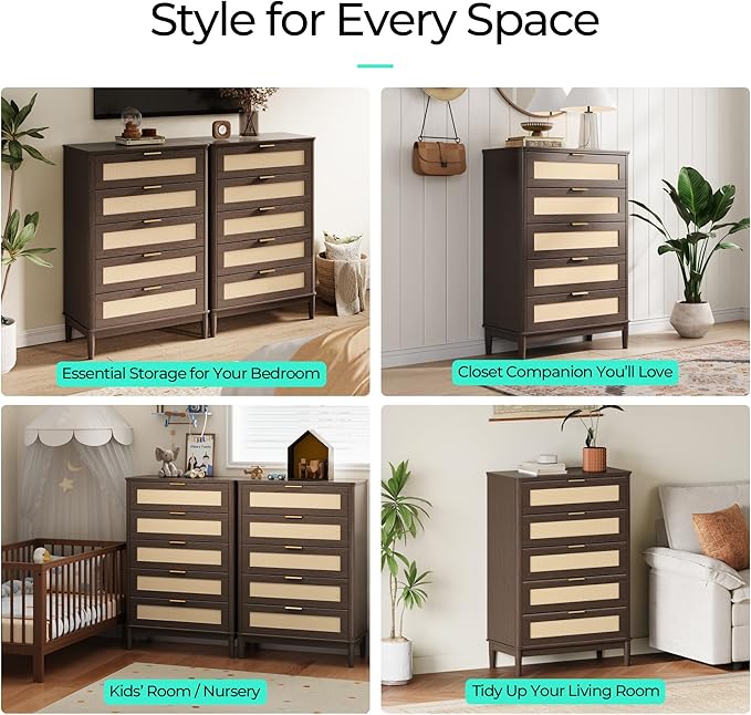 LINSY Rattan 5 Drawer Dresser for Bedroom, 46" Tall Mid-Century Modern Chest of Drawers, Deep Storage Dresser with Curved Corner Design, Large Accent Wood Cabinet for Bedroom, Walnut