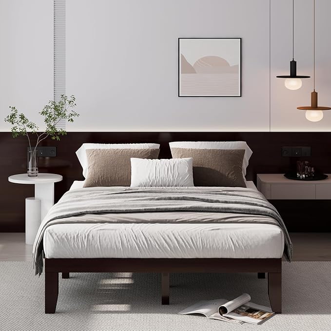 Giantex 14 Inch Queen Wood Platform Bed Frame, Minimalist Style Mattress Foundation with Solid Rubber Wood, Heavy Duty Slat Support, Without Headboard, Easy Assembly, No Box Spring Needed, Espresso