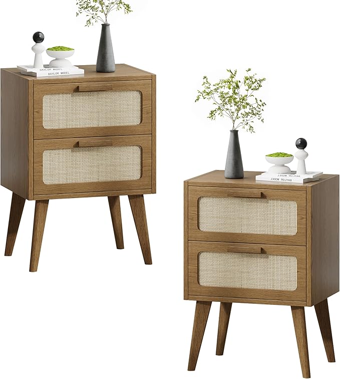 YAUKOMEL Rattan Nightstand Set of 2,Mid Century Modern Bedside with Drawers,End Table, Side Table with 2 Hand Made Rattan Decorated Drawers for Livingroom,Bedroom,Caramel Oak CTG59BR-2