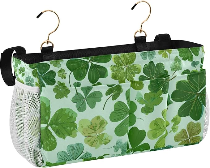 Bedside Caddy Hanging Bunk Bed Caddy Bed Organizer Hanging Pocket with 2 Hooks Bedside Storage Organizer Pocket Bag Holder Green Nature St Patrick Clovers