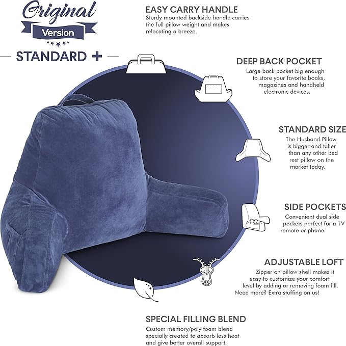 Husband Pillow Dark Blue, Original Reading Pillow in Bed Rest Chair, Shredded Memory Foam Large Lounge Cushion Adult Backrest with Arms, Comfy Back Support for Sit Sitting Up, Wash/Removable Cover