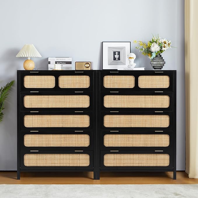 LEVNARY 5 Drawer Chest Dresser, Rattan Tall Dresser 5 Chest of Drawers Dressers for Bedroom, Wooden Storage Cane Cabinet with Metal Handles for Living Room Hallway (Black)