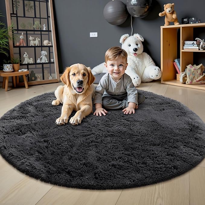 OLANLY Black Round Rugs for Bedroom - Machine Washable, 5 ft Circle Area Rugs for Living Room, Soft and Fluffy Shaggy Carpet for Teen Girls and Boys, Nursery Rooms, Dorms, Home Decor Aesthetic