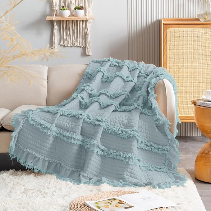 Ultra Soft Pre-Washed Quilted Boho Blue Green King Size Blankets for Bed, Ruffle Fringed Decorative Throw, Stone Washed Chic Rustic Blanket for Sofa Couch Bed, 104"*90"