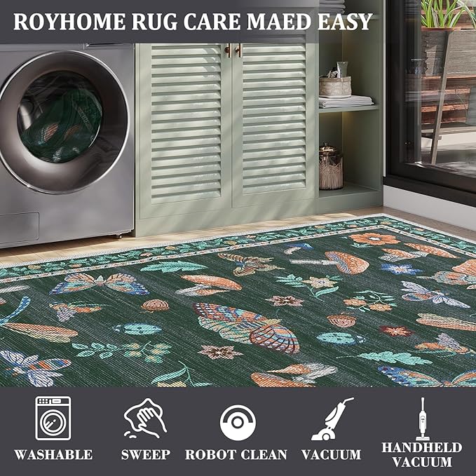 Mushroom 10x13 Area Rug for Living Room Washable Non Slip Forest Soft Low-Pile Stain Resistant Thin Large Throw Carpet for Bedroom Dining Room Office Black