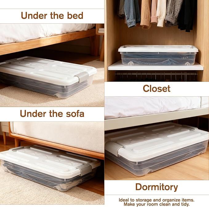 4 PCS*37 Qt Wheeled Latching Under Bed Storage, Stackable Bin with Latch Lid, Plastic Container to Organize Shoes Underbed, Clear with White Lid(White)