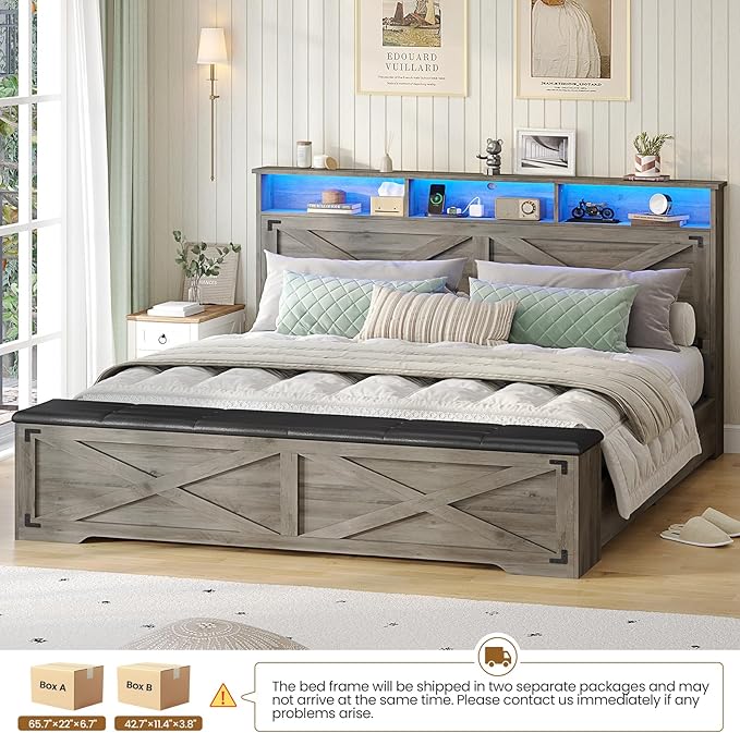 Hasuit Queen Size Bed Frame with Storage Ottoman, Farmhouse Bed Frame with Charging Station and Led Light, Headboard with Storage Rack, Metal Slats, No Noise Design, No Box Spring Needed,Oak Grey