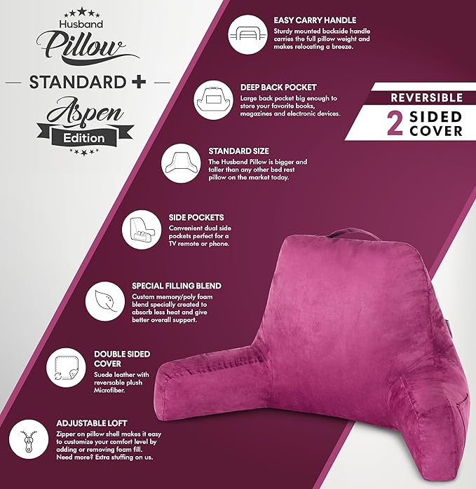 Husband Pillow Aspen Sliding Raspberry, Reading Pillow Bed Rest Chair, Two-Sided Reversible Fabric, Large Lounge Cushion Adult Backrest with Arms, Comfy Back Support for Sit Sitting Up, Washable Cover