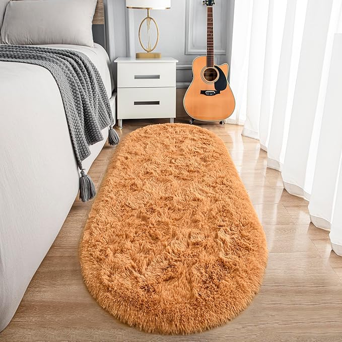 Noahas Fluffy Khaki Rugs for Bedroom Living Room,2.6'X5.3' Oval Throw Rug for Kids Room,Shag Hallway Runner Rug,Small Soft Shaggy Bedside Non-Slip Plush Nursery Dorm Carpet Home Decor Aesthetic