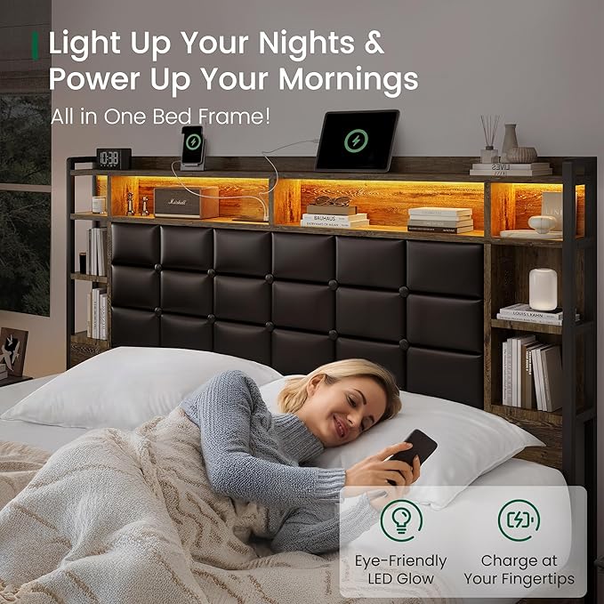 LARMACE Queen Size Bed Frame with 4 Storage Drawers and Bookcase Headboard, Faux Leather Upholstered, Wooden Platform Bed Frame with Charging Station and LED Lights, No Box Spring Needed, Brown