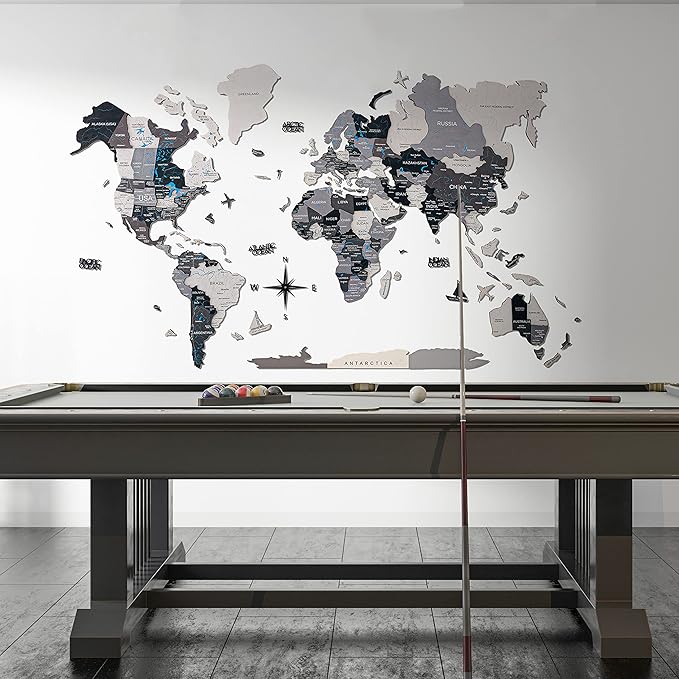 Handmade 3D Wood World Map Wall Art Large Wall Decor Track Your World Travels - Special for Home, Kitchen and Office (Nordik, Medium)