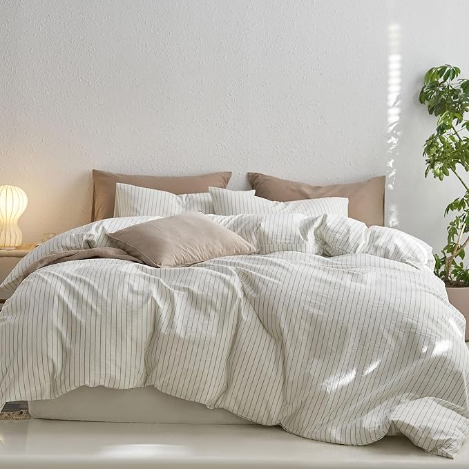 MooMee Striped Duvet Cover Set 100% Washed Cotton Linen Like Textured Breathable Durable Soft Comfy (White Sage Green Wide Stripes, Cal King 104"x98")