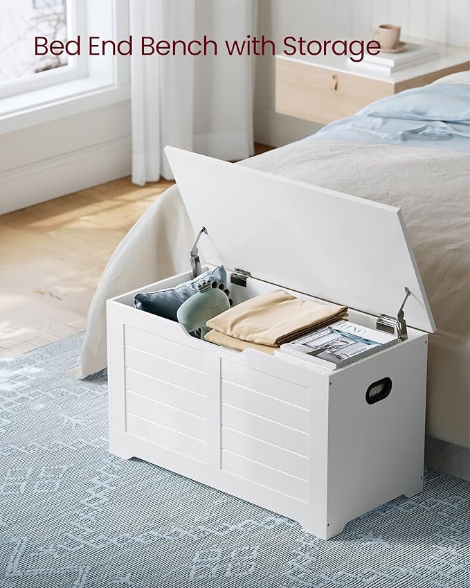 VASAGLE Storage Chest, Storage Bench with 2 Safety Hinges, Farmhouse Style, 15.7 x 31.5 x 18.1 Inches, for Entryway, Bedroom, Living Room, Cloud White ULSB063T14