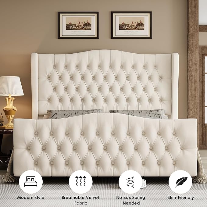 Keyluv King Size 54.3” Tall Platform Bed Frame with Deep Button Tufted Wingback Headboard and Footboard, Velvet Upholstered Bed Frame with Handmade Pleats, No Box Spring Needed, Beige/Cream