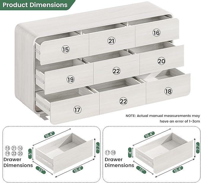 White Dressers of 9 Drawers, Chest Dresser with Deep Drawers, Modern Dresser Closet for Bedroom, Curved Drawer with Large Storage, 57’’ Wide.