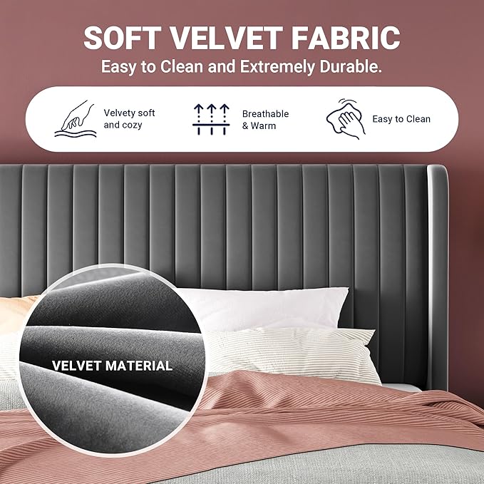 Allewie Full Size Velvet Bed Frame/Vertical Channel Tufted Wingback Headboard/Upholstered Platform Bed/Strong Wooden Slats/No Box Spring Needed/Easy Assembly/Grey