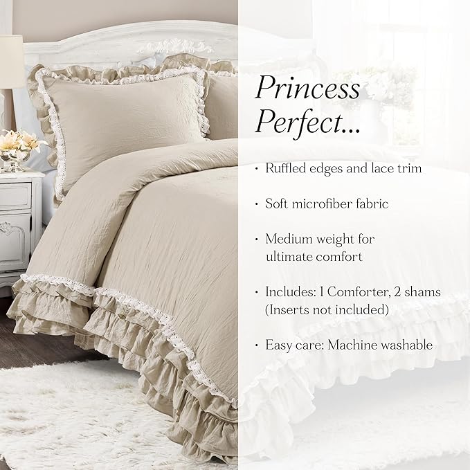 Lush Decor Ella Ruffle Lace Comforter, 3 Piece Set, King, Neutral - Cute Comforter - King Bedding Set - Beige Bedding - Coquette Decor - Beige Lace Trim - Ruffle Trim