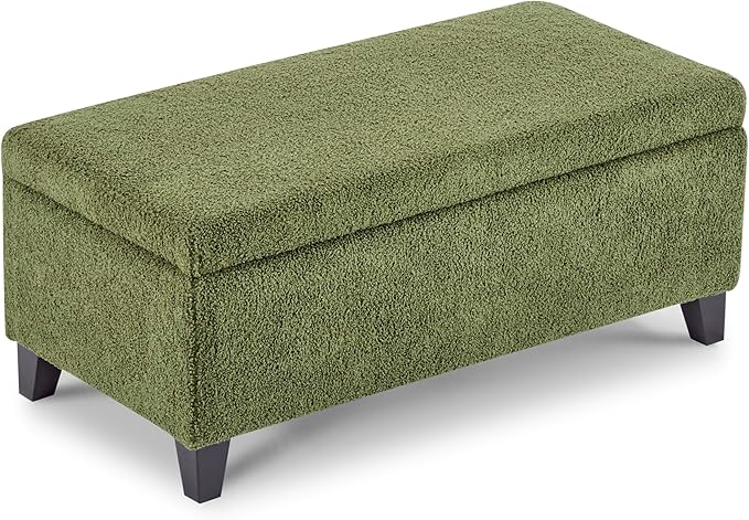 Storage Ottoman with Flip-Top Lid, Sturdy Birch Wood Legs, Footrest Bench with Ample Storage for Blankets, Pillows, Shoes, Extra Seating for Living Room, Bedroom, Entryway,Dark Brown+Green