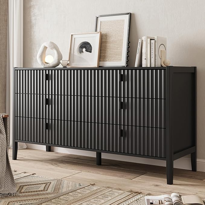 6 Drawer Dresser, Modern Chest of Drawers for Bedroom, Wood Fluted Dresser Organizer with Deep Drawers for Clothes, Nightstand for Bedroom, Hallway, Living Room, Entryway, Black