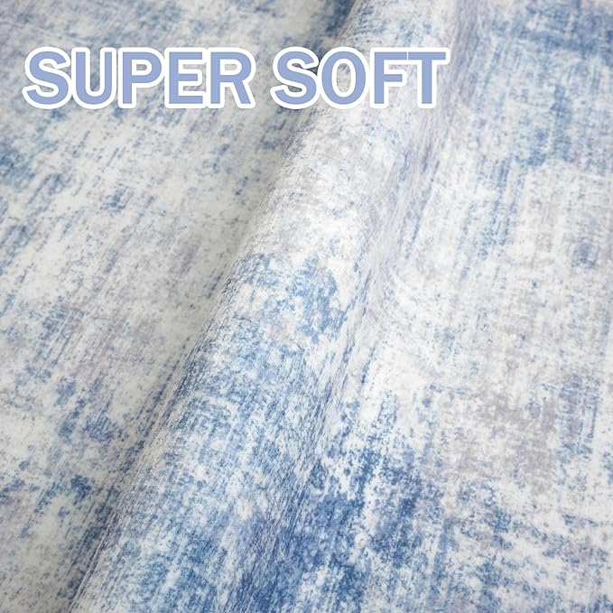 IOHOUZE Abstract Runner Rug 3x8 Ft Washable Runners for Hallways, Non Slip Kitchen Runner Printed Faux Wool Entryway Runner Indoor, Modern Abstract Floor Carpet for Hall Bedroom, Light Blue White