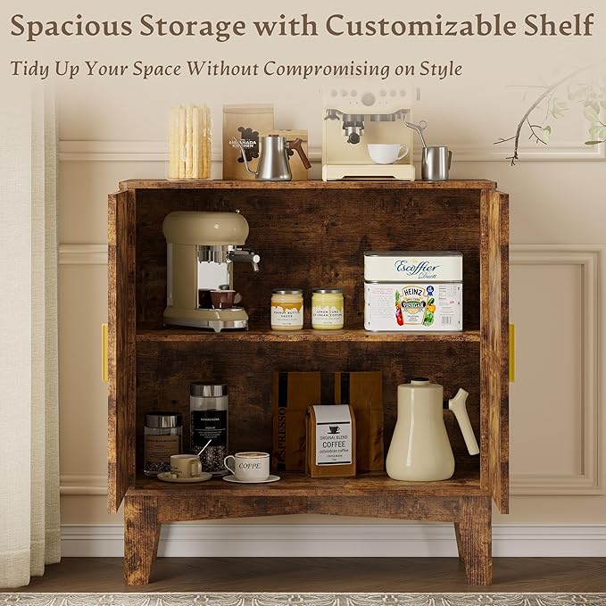 Storage Cabinet with Doors and Adjustable Shelf, Modern Fluted Sideboard Buffet Cabinet, Freestanding Coffee Bar for Kitchen, Pantry, Entryway, Living Room (Rustic Brown)