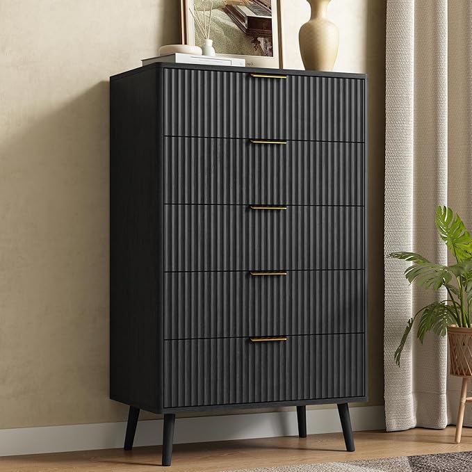 CARPETNAL Fluted 5 Drawers Dresser for Bedroom, 45" Tall Wooden Chest of Drawers with Rounded Corners, Gold Handles, Modern Storage Organizer for Bedroom, Hallway (Black)